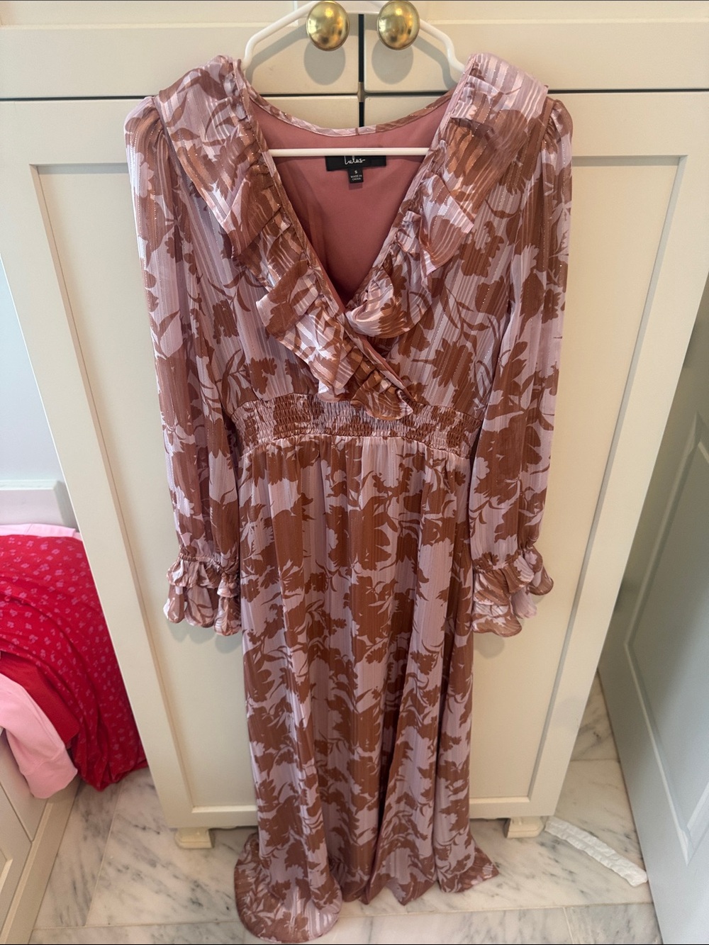Lulu's Pink and Brown Floral Ruffled Maxi Dress